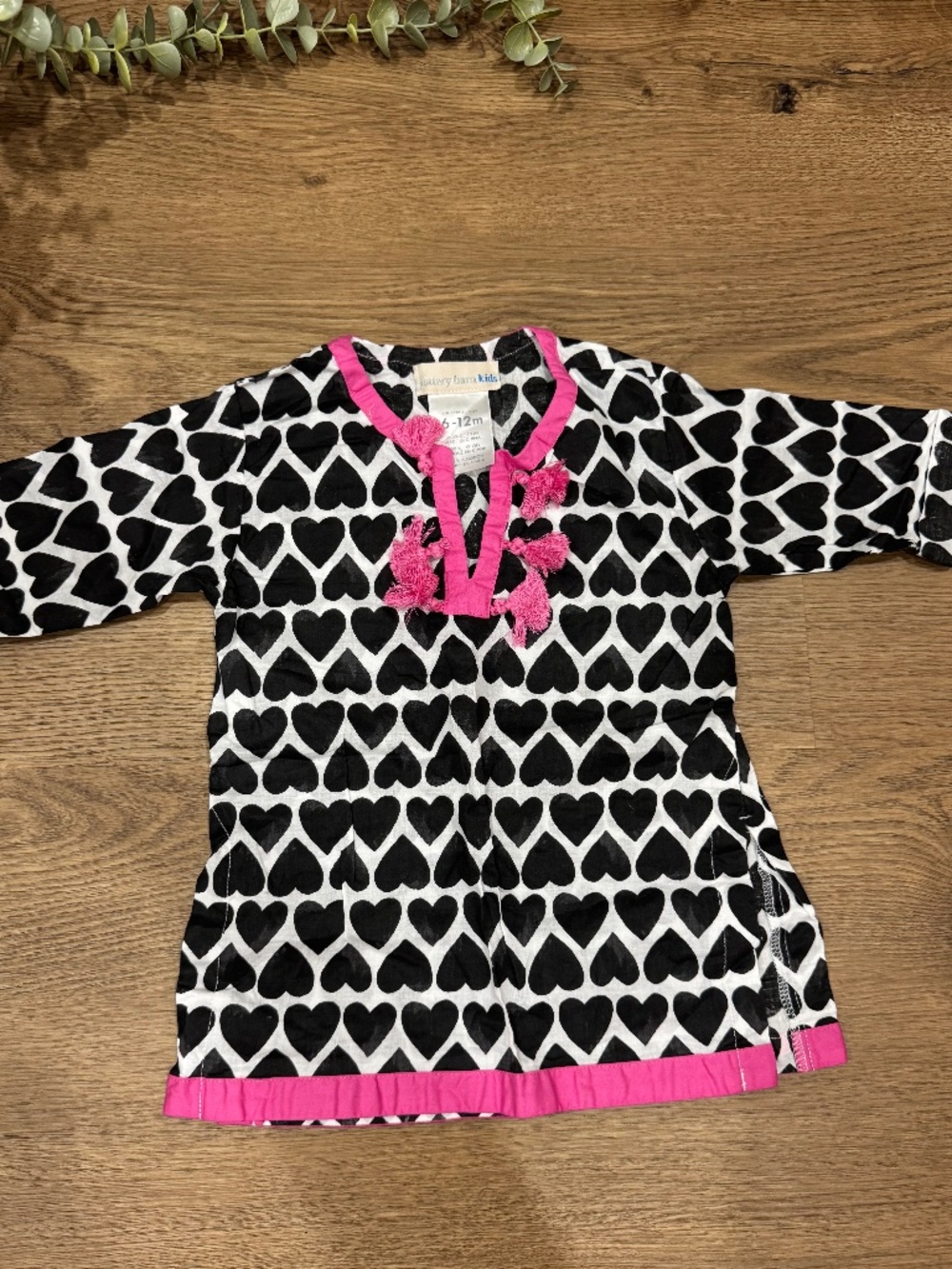 Pottery Barn Kids Baby 6-12M Heart Print Tassel Tunic Top Pink Black